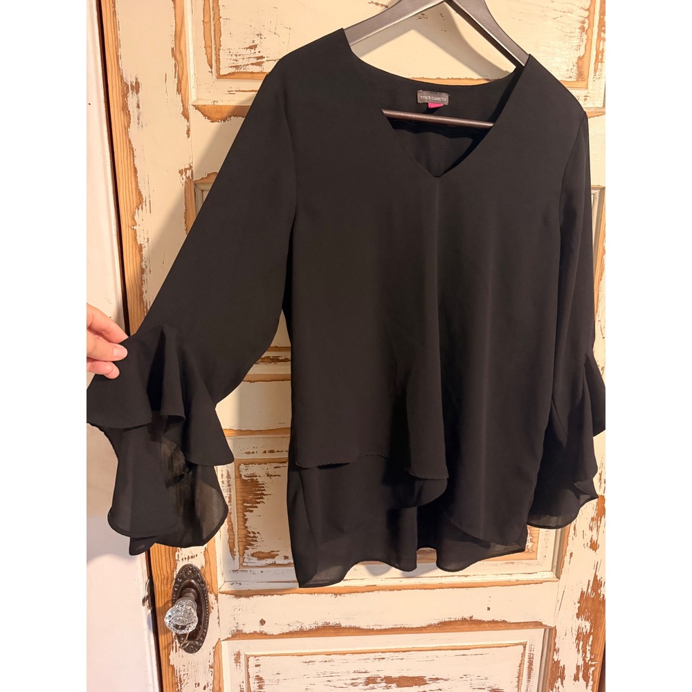 Vince Camuto Womens Black Ruffle Bell Sleeve V-Neck Tiered Chiffon Blouse L